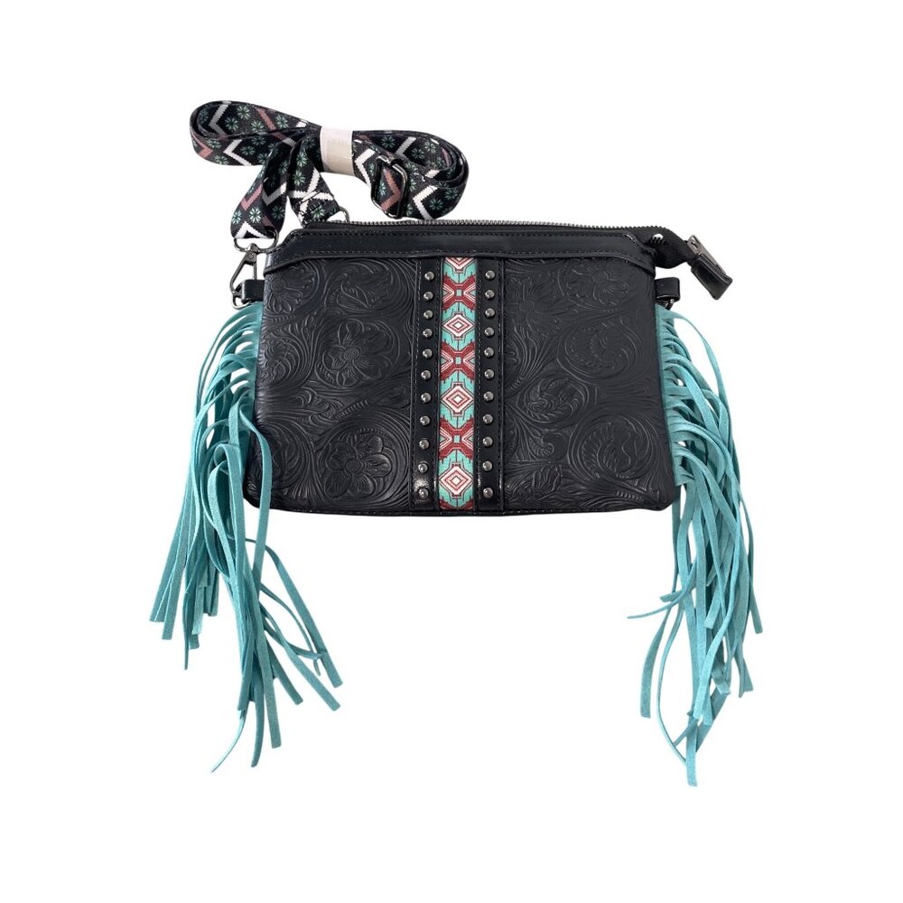 Crossbody Bag Western Inspired Fringe Tassel Shoulder Purse Black PU Multicolor